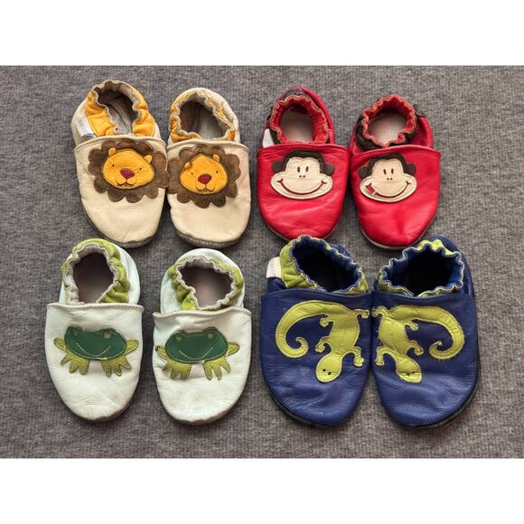 4 Pairs Robeez Baby Boy Soft Soled Shoes Monkey Lion Lizard Frog - 6-24Mo - Picture 1 of 10